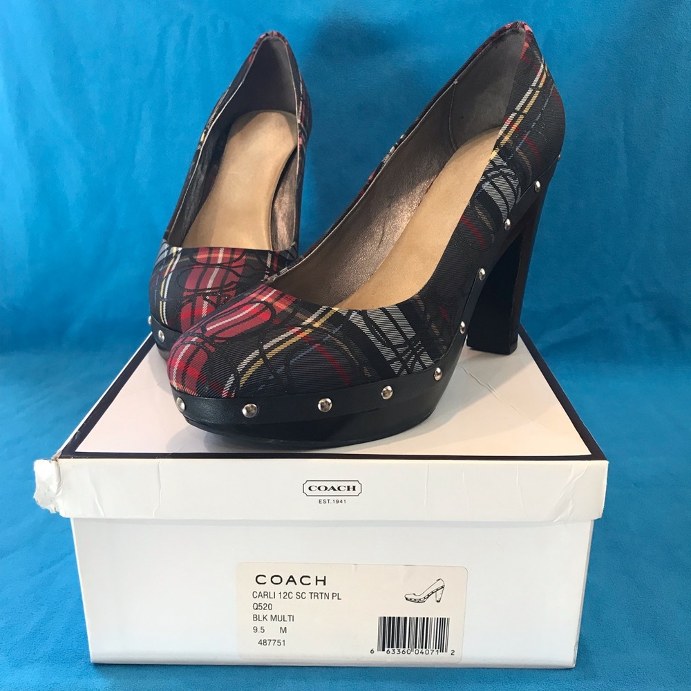 Coach Tartan Plaid BLK Multi Wooden Heels 9.5